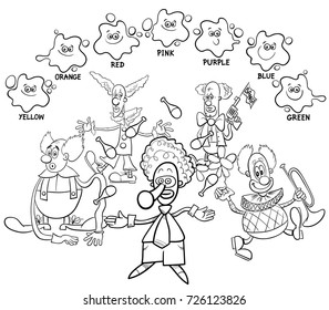 Black and White Cartoon Vector Illustration of Basic Colors Educational Page for Children with Clowns Circus Characters Coloring Book