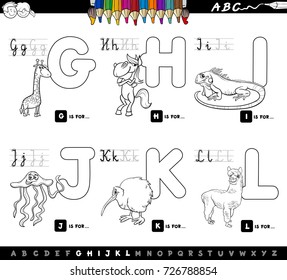 Black and White Cartoon Vector Illustration of Capital Letters Alphabet Set with Animal Characters for Reading and Writing Education for Children from G to L Coloring Book