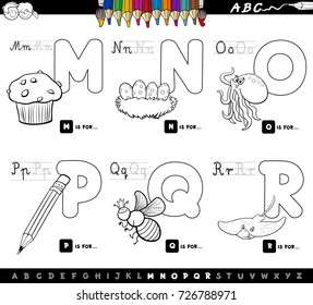 Black and White Cartoon Vector Illustration of Capital Letters Alphabet Educational Set for Reading and Writing Learning for Children from M to R Coloring Book