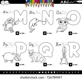 Black and White Cartoon Vector Illustration of Capital Letters Alphabet Set with Animal Characters for Reading and Writing Education for Children from M to R Coloring Book