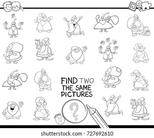 Black and White Cartoon Vector Illustration of Finding Two Identical Pictures Educational Activity Game for Children with Santa Claus Characters Coloring Book