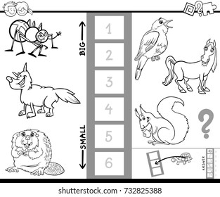 Black and White Cartoon Vector Illustration of Educational Game of Finding the Biggest and the Smallest Animal Characters Coloring Book