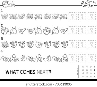 Black and White Cartoon Vector Illustration of Completing the Pattern Educational Activity Game for Preschool Children with Cats and Dogs Animal Characters Coloring Book