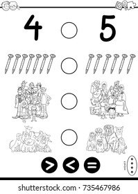 Black and White Cartoon Vector Illustration of Educational Mathematical Game of Greater Than, Less Than or Equal to for Kids with Objects and Characters Coloring Book