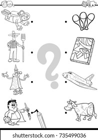 Black and White Cartoon Vector Illustration of Educational Pictures Matching Game for Children with Professional People Characters and Objects Coloring Book