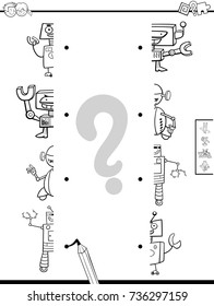 Vector de dibujos animados en blanco y negro Ilustración de juego educativo de juego de correspondencia a medias de personajes con fantasía de robots coloreando libro