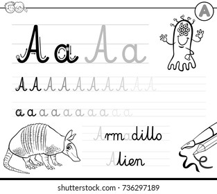 Black and White Cartoon Vector Illustration of Writing Skills Practice with Letter A Worksheet for Preschool and Elementary Age Children Coloring Book
