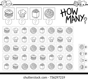 Black and White Cartoon Vector Illustration of Educational How Many Counting Game for Children with Food Objects Coloring Book
