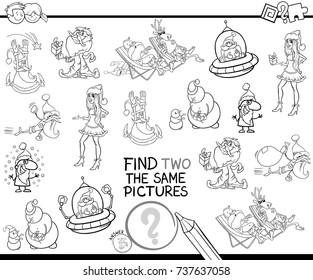 Black and White Cartoon Vector Illustration of Finding Two Identical Pictures Educational Activity Game for Children with Funny Christmas Holiday Characters Coloring Book