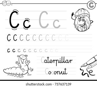 Black and White Cartoon Vector Illustration of Writing Skills Practice with Letter C Worksheet for Preschool and Elementary Age Children Coloring Book