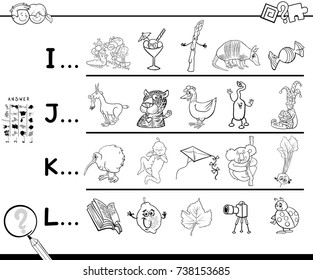 Black and White Cartoon Vector Illustration of Finding Pictures Starting with Referred Letter Educational Activity Game Workbook for Children Coloring Book