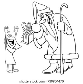 Black and White Cartoon Vector Illustration of Santa Claus Christmas Character with Happy Little Girl Coloring Book