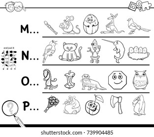 Black and White Cartoon Vector Illustration of Finding Pictures Starting with Referred Letter Educational Game for Kids Coloring Book