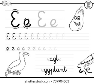 Black and White Cartoon Vector Illustration of Writing Skills Practice with Letter E Worksheet for Preschool and Elementary Age Children Coloring Book