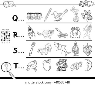 Black and White Cartoon Vector Illustration of Searching Pictures Starting with Referred Letter Educational Game Worksheet for Kids Coloring Book