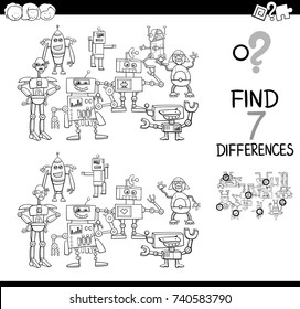 Black and White Cartoon Vector Illustration of Finding Differences Between Pictures Educational Activity Game for Kids with Robot Characters Group Coloring Book