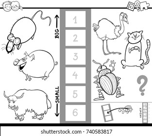 Black and White Cartoon Vector Illustration of Educational Game of Finding the Biggest and the Smallest Animal Characters for Children Coloring Book