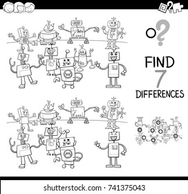Black and White Cartoon Vector Illustration of Finding Differences Between Pictures Educational Activity Game for Kids with Funny Robot Characters Group Coloring Book