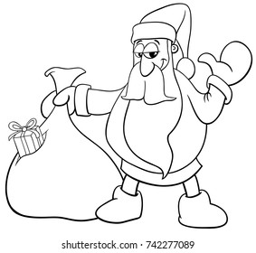 Black and White Cartoon Vector Illustration of Happy Santa Claus Christmas Character with Sack of Gifts Coloring Book