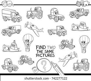 Black and White Cartoon Vector Illustration of Finding Two Identical Pictures Educational Activity Game for Children with Transport Vehicle Characters Book