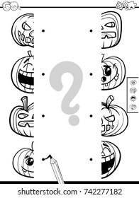 Black and White Cartoon Vector Illustration of Educational Game of Matching Halves of Halloween Pumpkin Characters Coloring Book