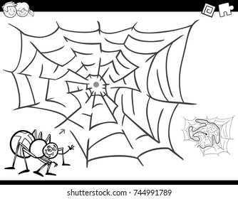Black and White Cartoon Vector Illustration of Education Maze or Labyrinth Activity Game for Children with Spider Insect Character and his Web Coloring Book