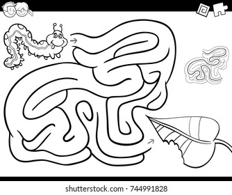 Black and White Cartoon Vector Illustration of Education Maze or Labyrinth Activity Game for Children with Caterpillar Insect Character and Leaf Coloring Book