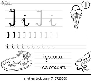 Black and White Cartoon Vector Illustration of Writing Skills Practice with Letter I Worksheet for Preschool and Elementary Age Children Coloring Book