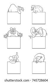 Black and White Cartoon Vector Illustration of Animals with White Banner Card Design Set