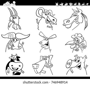 Black and White Cartoon Vector Illustration of Funny Farm Animal Characters Set Coloring Book