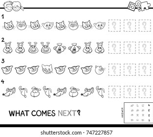 Black and White Cartoon Vector Illustration of Completing the Pattern Educational Game for Preschool Children with Pets Animal Characters Coloring Book