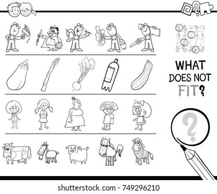 Black and White Cartoon Vector Illustration of Finding Picture that does not Fit with the Rest in a Row Educational Activity with People and Animal Characters Coloring Book