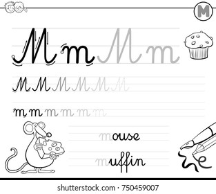 Black and White Cartoon Vector Illustration of Writing Skills Practice with Letter M Worksheet for Preschool and Elementary Age Children Coloring Book