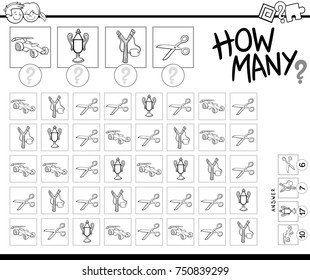 Black and White Cartoon Vector Illustration of Educational How Many Counting Game for Children with Objects Coloring Book