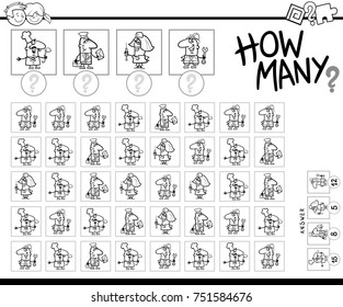 Black and White Cartoon Vector Illustration of Educational How Many Counting Activity for Children with Professional People Characters Coloring Book
