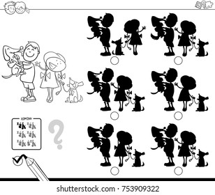 Black and White Cartoon Vector Illustration of Finding the Shadow without Differences Educational Activity for Children with Children and Pet Dogs Characters Coloring Book