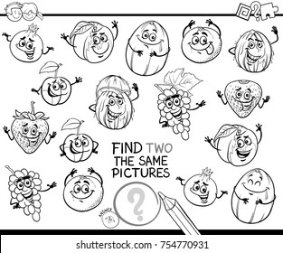 Black and White Cartoon Vector Illustration of Finding Two Identical Pictures Educational Game for Children with Fruits Comic Characters Coloring Book