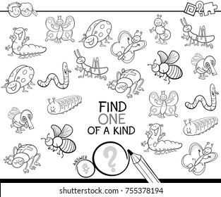 Black and White Cartoon Vector Illustration of Find One of a Kind Educational Activity Game for Children with Insects Animal Characters Coloring Book