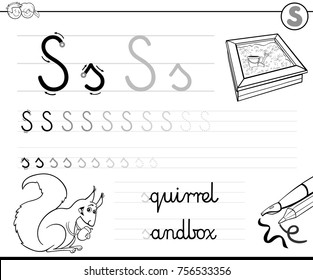 Black and White Cartoon Vector Illustration of Writing Skills Practice with Letter S Worksheet for Preschool and Elementary Age Children Coloring Book