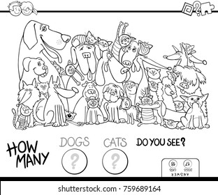 Black and White Cartoon Vector Illustration of Educational Counting Game for Children with Dogs and Cats Animal Characters Coloring Book