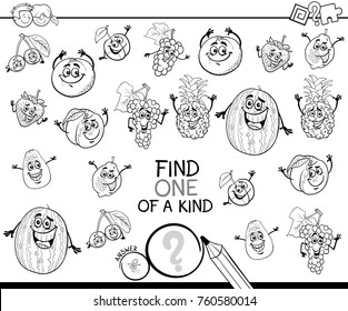Black and White Cartoon Vector Illustration of Find One of a Kind Educational Activity Game for Children with Fruits Funny Characters Coloring Book