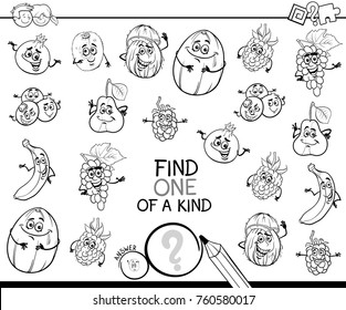 Black and White Cartoon Vector Illustration of Find One of a Kind Educational Activity Game for Children with Fruits Comic Characters Coloring Book