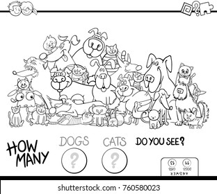 Black and White Cartoon Vector Illustration of Educational Counting Game for Children with Cats and Dogs Animal Characters Group Coloring Book