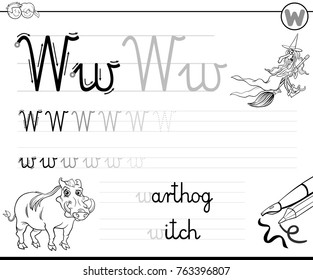 Black and White Cartoon Vector Illustration of Writing Skills Practice with Letter W Worksheet for Preschool and Elementary Age Children Coloring Book