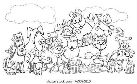 Black and White Cartoon Vector Illustration of Dogs and Cats Animal Pet Characters Group Coloring Book