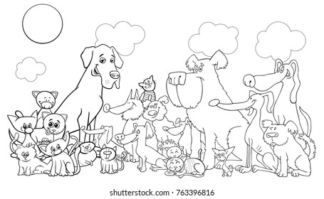 Black and White Cartoon Vector Illustration of Dogs and Cats Animal Comic Characters Group Coloring Book