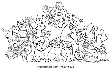 Black and White Cartoon Vector Illustration of Funny Dogs and Cats Characters Group Coloring Book