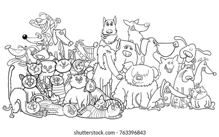 Black and White Cartoon Vector Illustration of Funny Dogs and Cats Animal Characters Group Coloring Book