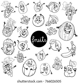 Black and White Cartoon Vector Illustration of Fruits Comic Food Characters Big Set Color Book
