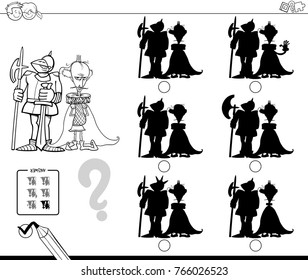 Black and White Cartoon Vector Illustration of Finding the Shadow without Differences Educational Activity for Children with King and Knight Medieval Characters Coloring Book